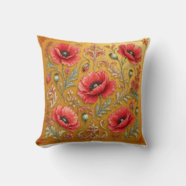 Poppy fleur golden design throw pillow (Front)