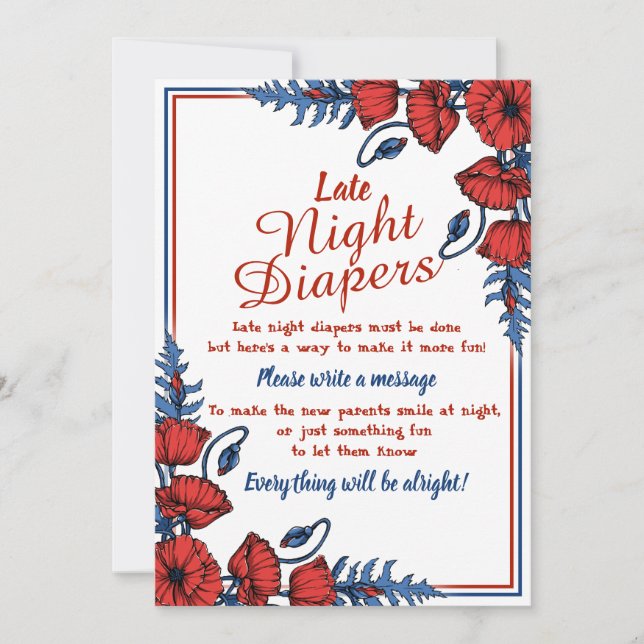 Poppy Floral Baby Shower Late Night Diapers Game Invitation (Front)