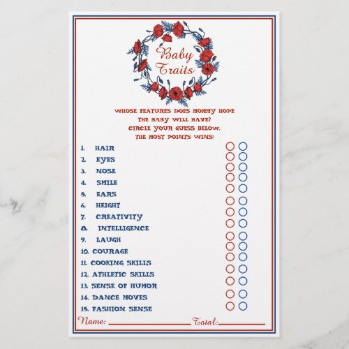 Poppy Floral Baby Traits Shower Game