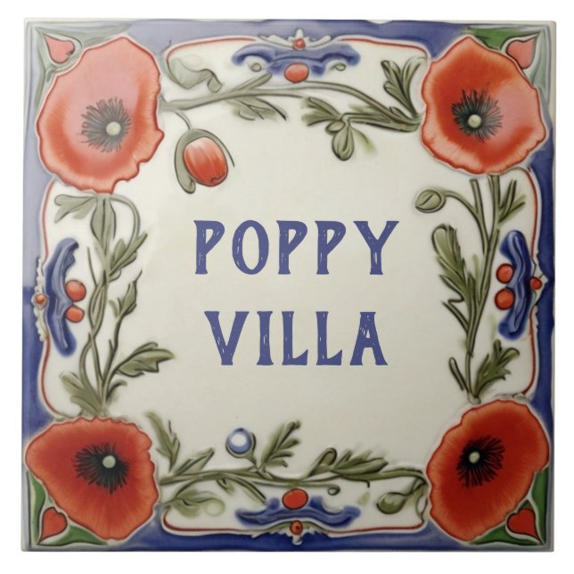 Poppy Floral Custom House Name Plate Sign Plaque Ceramic Tile (Front)
