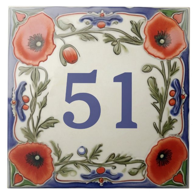 Poppy Floral Door House Number Sign Plaque Plate Ceramic Tile (Front)