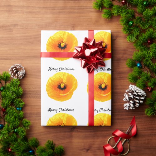 Poppy Floral Flower Pattern Merry Christmas Yellow Wrapping Paper