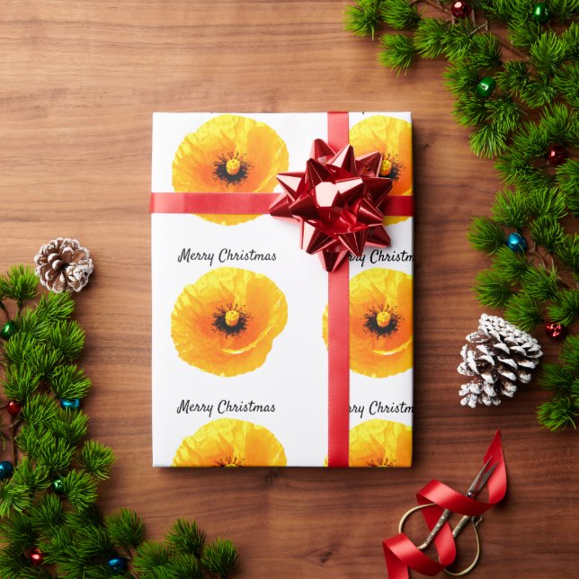 Poppy Floral Flower Pattern Merry Christmas Yellow Wrapping Paper (Holiday Gift)
