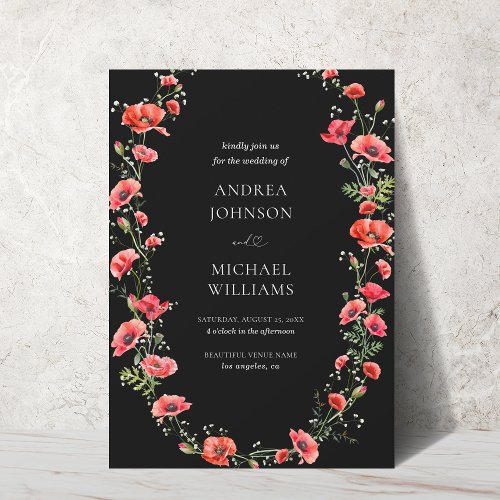 Poppy Floral Heart Script Spring Botanical Wedding Invitation