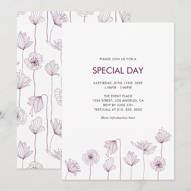 Poppy Floral Party Invitation for All Occasions (Front/Back)