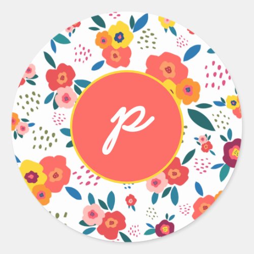 Poppy Floral Pattern Coral Script Monogram Classic Round Sticker