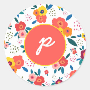 Poppy Floral Pattern Coral Script Monogram Classic Round Sticker