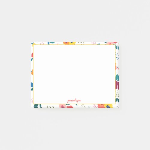 Poppy Floral Pattern Coral Script Name Post_it Notes