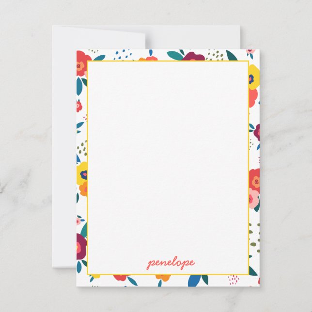 Poppy Floral Pattern in Coral Personalized Note Card (Front)