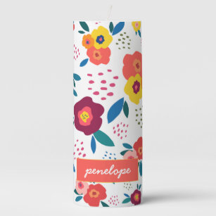 Poppy Floral Pattern in Coral Script Name Pillar Candle