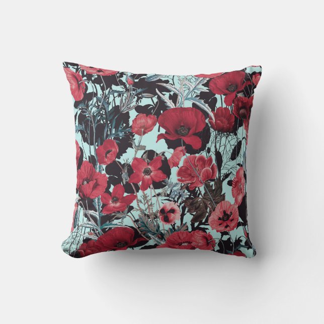 Poppy Floral Pattern Throw Pillow (Front)