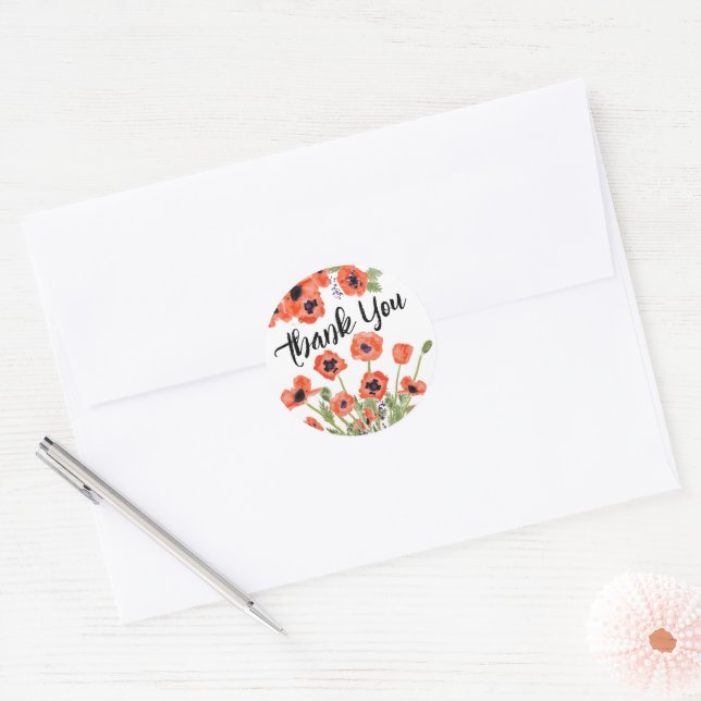 Poppy Floral Thank You Classic Round Sticker (Envelope)