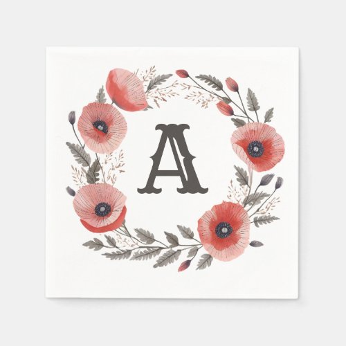Poppy Floral Wreath Initial Paper Napkin