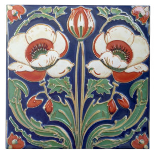 Poppy Flower Art Deco Nouveau European Folk Art Ceramic Tile
