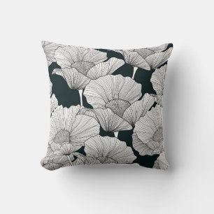 Poppy Flower, Black White Line. Throw Pillow