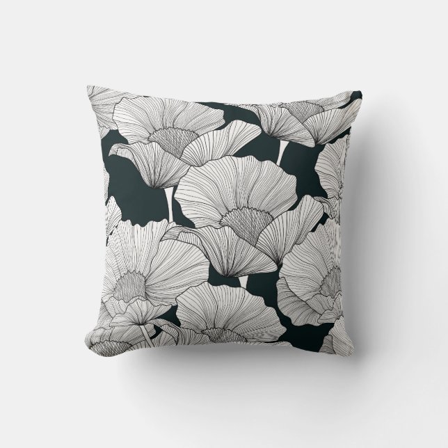 Poppy Flower, Black White Line. Throw Pillow (Front)