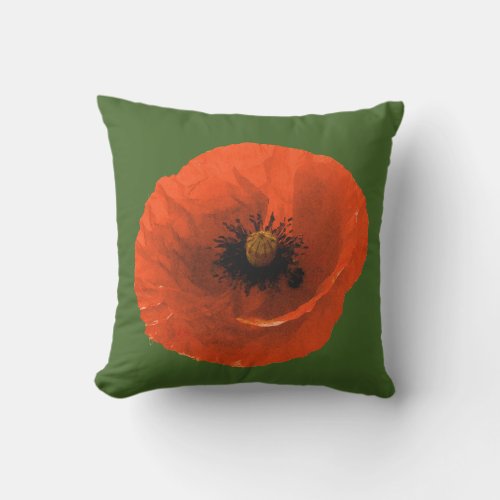 Poppy Flower Colorful Floral Abstract Forest Green Outdoor Pillow
