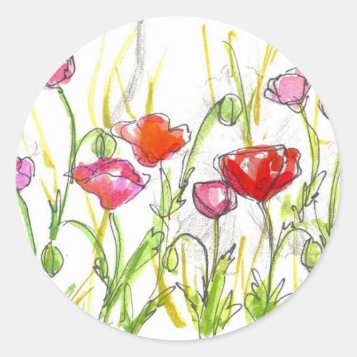 Poppy Flower Fields Summer Wildflower Painting Classic Round Sticker