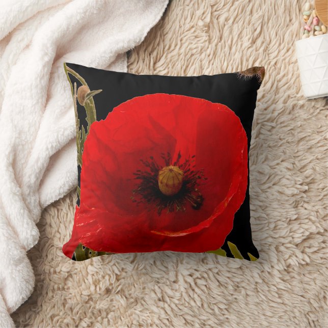 Poppy Flower Floral Abstract Art Garden Red Black Throw Pillow (Blanket)