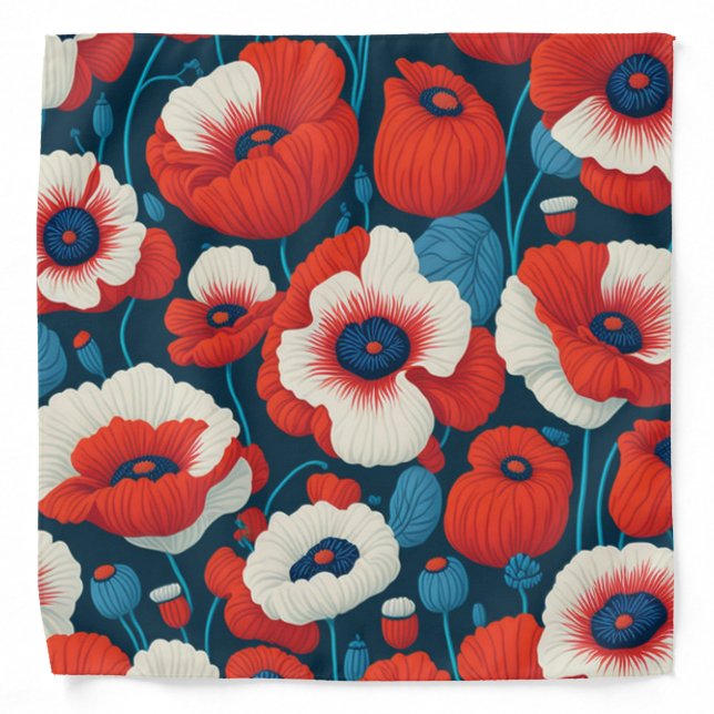 Poppy Flower Floral Red & Blue Bandana (Front)
