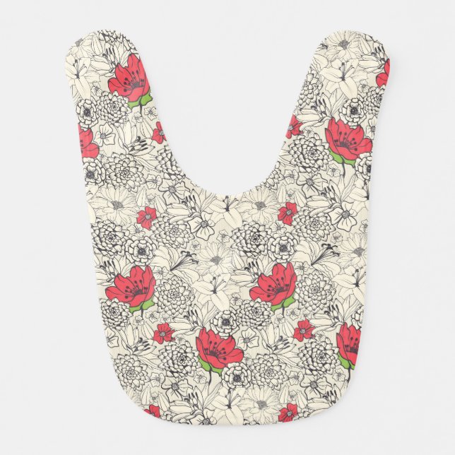 Poppy Flower Garden Pattern Baby Bib (Front)