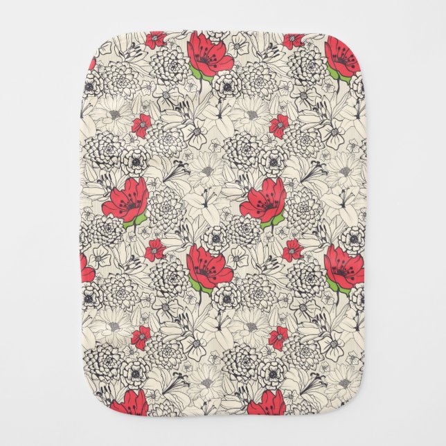 Poppy Flower Garden Pattern Baby Burp Cloth (Front)