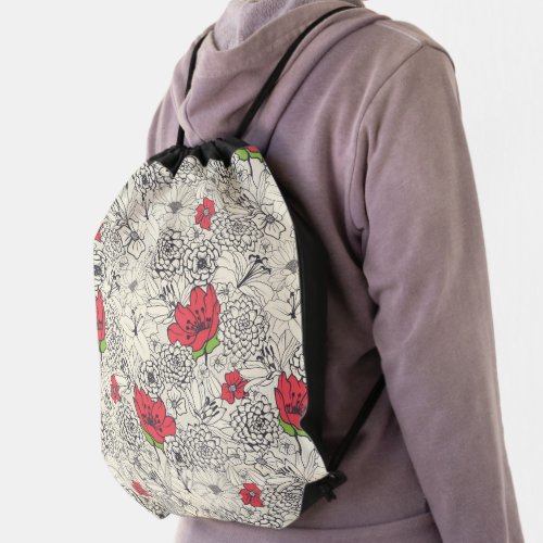 Poppy Flower Garden Pattern Drawstring Bag