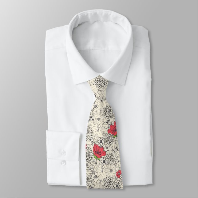 Poppy Flower Garden Pattern Neck Tie (Tied)