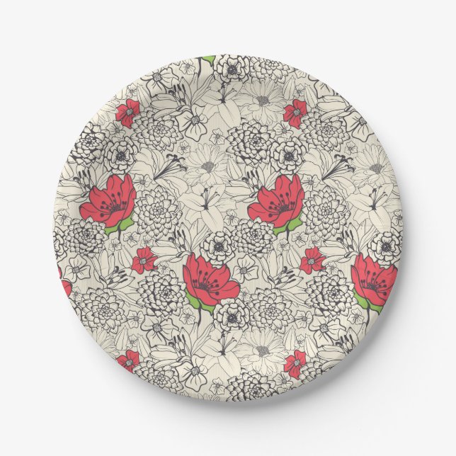 Poppy Flower Garden Pattern Paper Plates (Front)