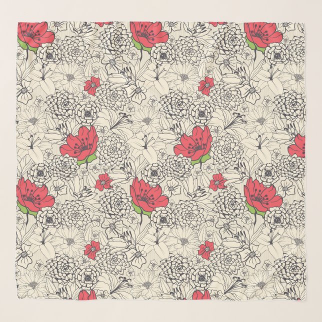 Poppy Flower Garden Pattern Scarf (Front)
