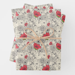 Poppy Flower Garden Pattern Wrapping Paper Sheets
