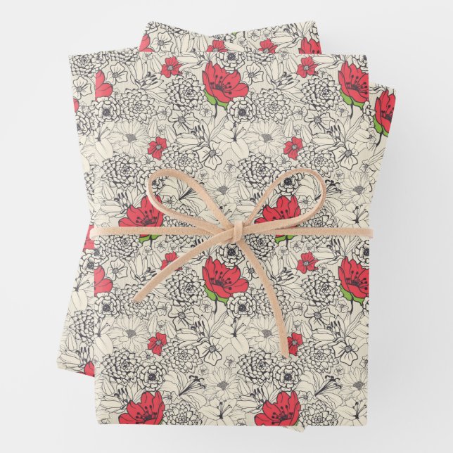 Poppy Flower Garden Pattern Wrapping Paper Sheets (In situ)