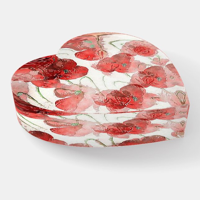 Poppy Flower Heart Shape Paperweight  (Angled)