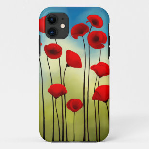 Poppy flower illustration, green field, blue sky iPhone 11 case