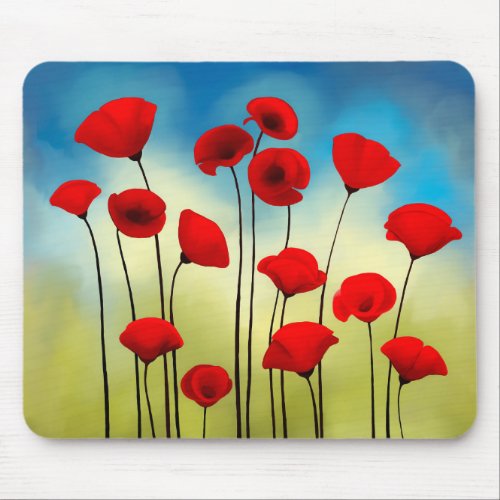 Poppy flower illustration green field blue sky mouse pad
