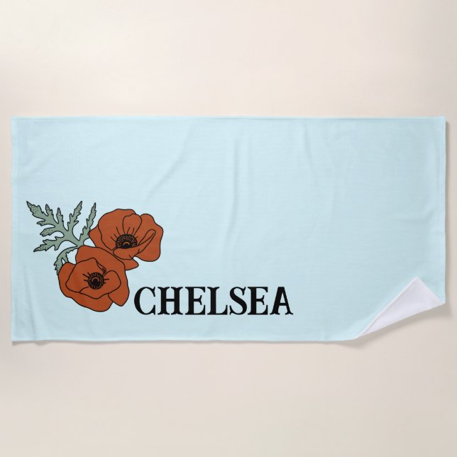 Poppy flower light blue  beach towel (Front)
