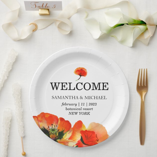 Poppy Flower Red White Wedding Paper Plates