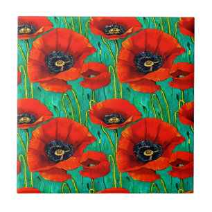 Poppy flower seamless pattern red green floral ceramic tile