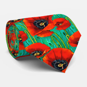 Poppy flower seamless pattern red green floral neck tie