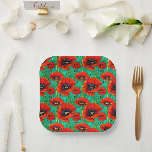 Poppy flower summer spring wildflower remembrance  paper plates (Wedding)