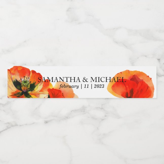 Poppy Flower Watercolor Paint Wedding Water Bottle Label
