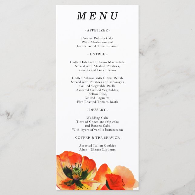 Poppy Flower Watercolor Painting Celebrity Wedding Menu (Front)