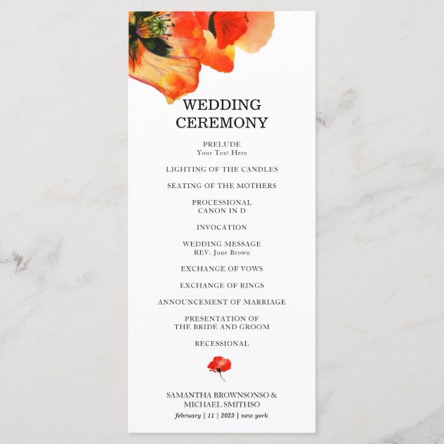Poppy Flower Watercolor Painting Ceremony Wedding Menu