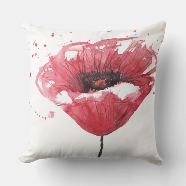 Poppy flower, watercolor throw pillow (Front)