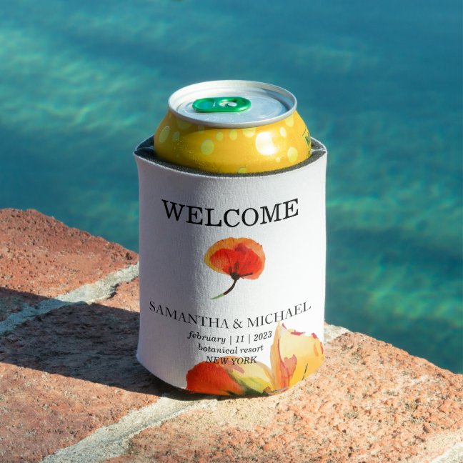 Poppy Flower Watercolor Wedding Can Cooler