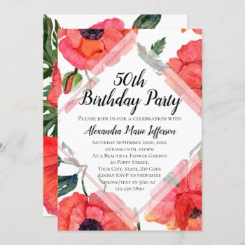 Poppy Flower Watercolor Womens 50th Birthday Party Invitation by CustomInvites at Zazzle