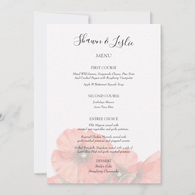 Poppy Flower Wedding Reception Menu Invitation (Front)