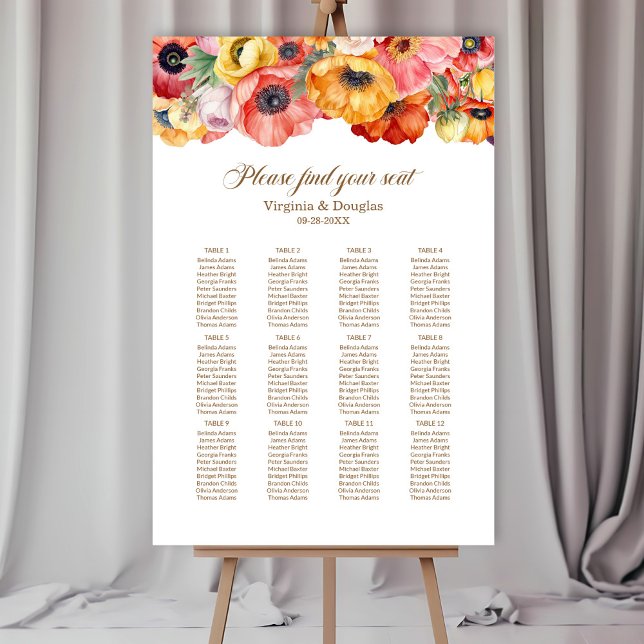 Poppy Flowers 12 Table Wedding Seating Chart  Foam Board (Creator Uploaded)