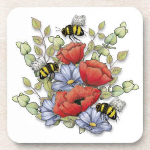 Poppy Flowers and Bees Digital Drawing, Botanical Beverage Coaster
