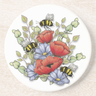 Poppy Flowers and Bees Digital Drawing, Botanical Coaster